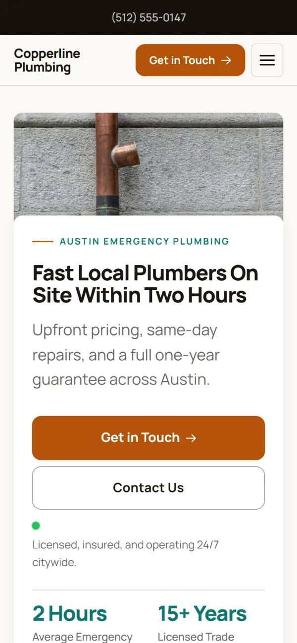 Warm plumbing website template on a phone: copper and cream with rounded cards