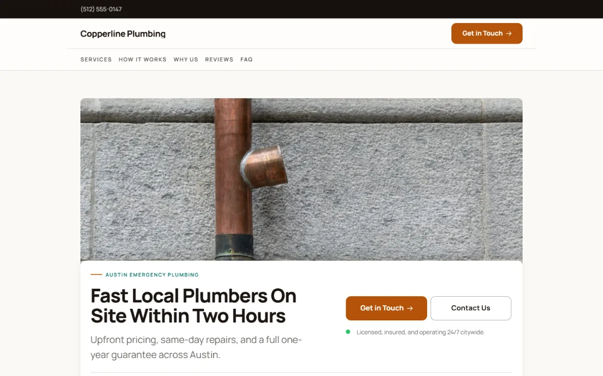 Warm plumbing website template: copper and cream with rounded cards