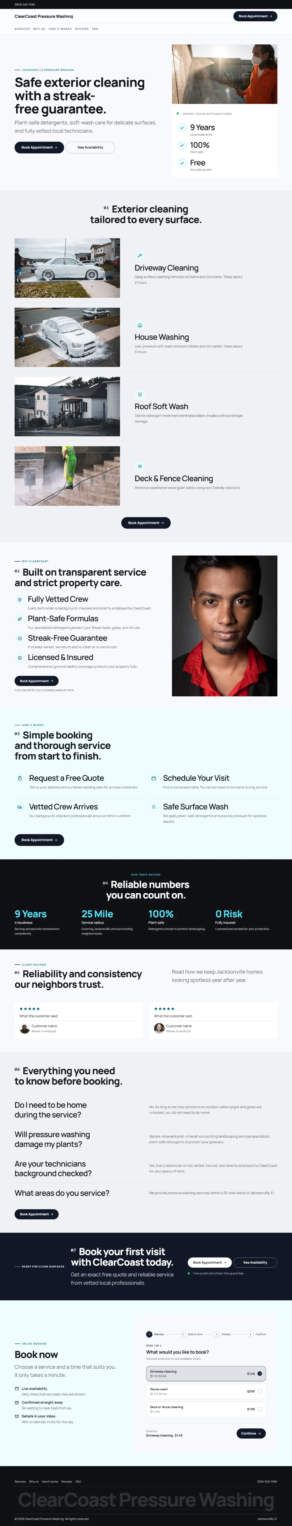 Bold pressure washing website template, the whole home page: a dark first screen, big capital headlines and one loud accent colour