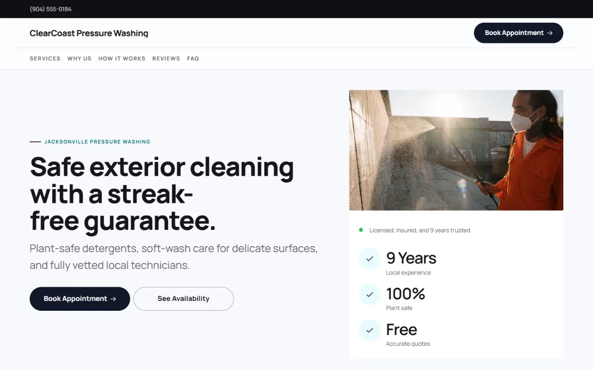 Bold pressure washing website template: a dark first screen, big capital headlines and one loud accent colour