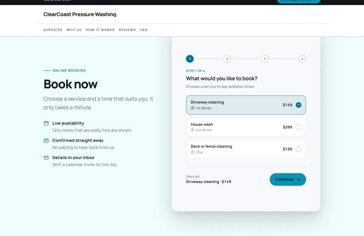 Online booking form on the Bright pressure washing website template: customers choose a service, then a free time