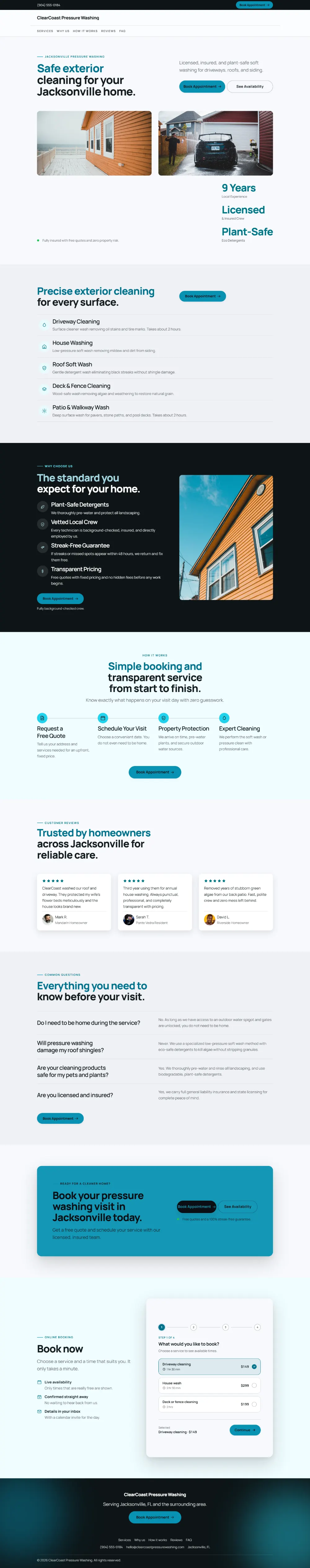 Bright pressure washing website template, the whole home page: light and airy, with two photos under the headline
