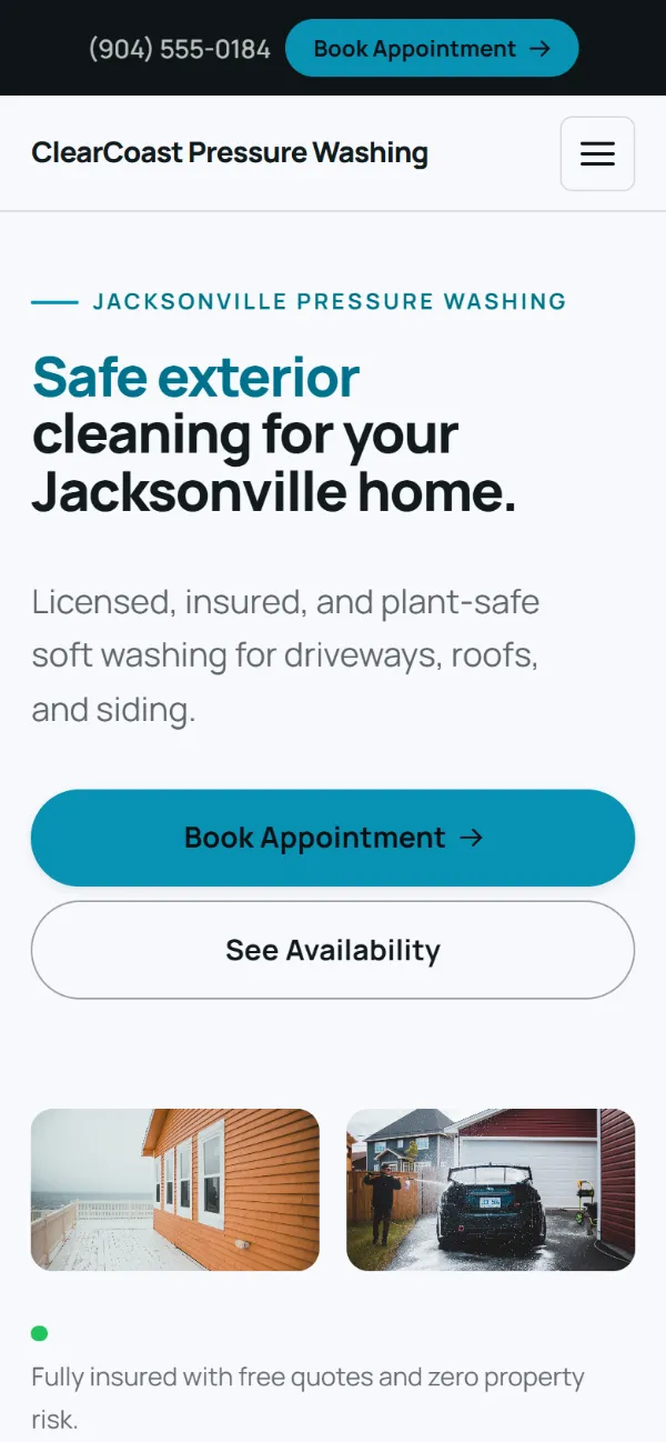 Bright pressure washing website template on a phone: light and airy, with two photos under the headline