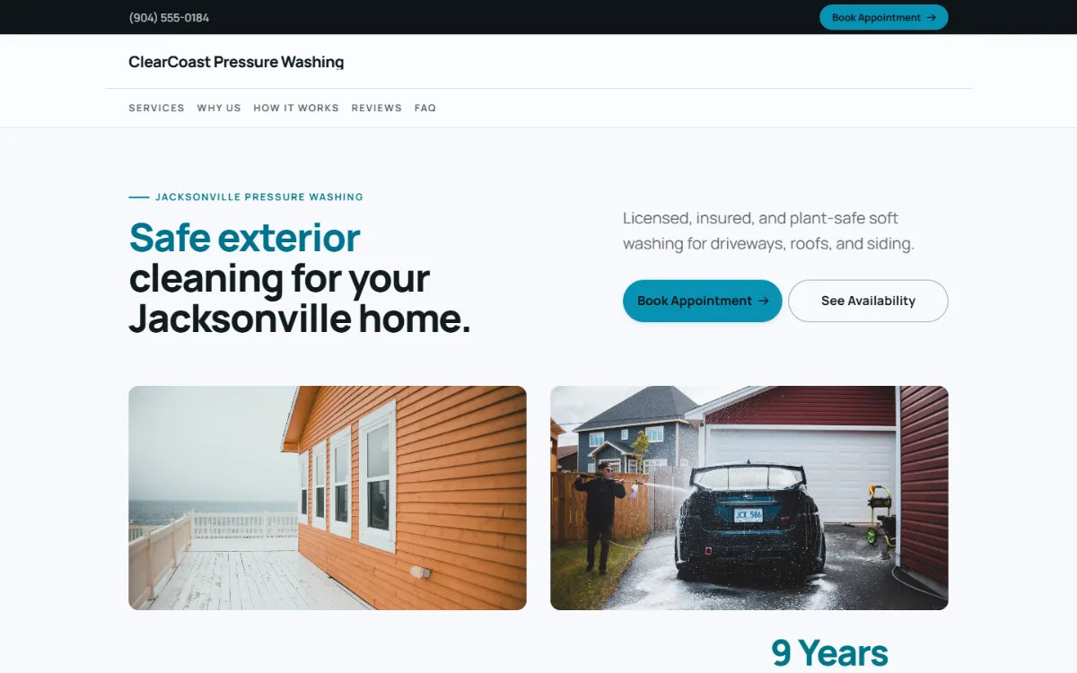 Bright pressure washing website template: light and airy, with two photos under the headline