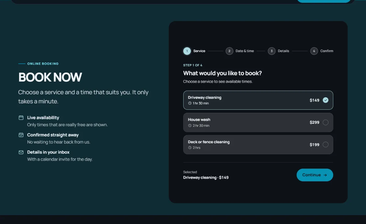 Online booking form on the Dark pressure washing website template: customers choose a service, then a free time
