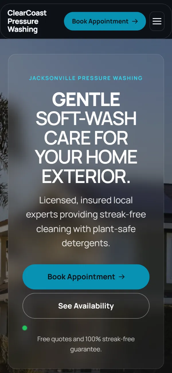 Dark pressure washing website template on a phone: dark mode throughout, with a glass card over the photo