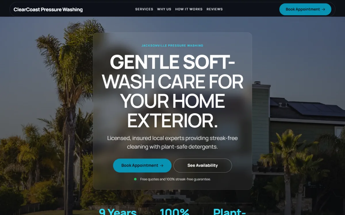 Dark pressure washing website template: dark mode throughout, with a glass card over the photo