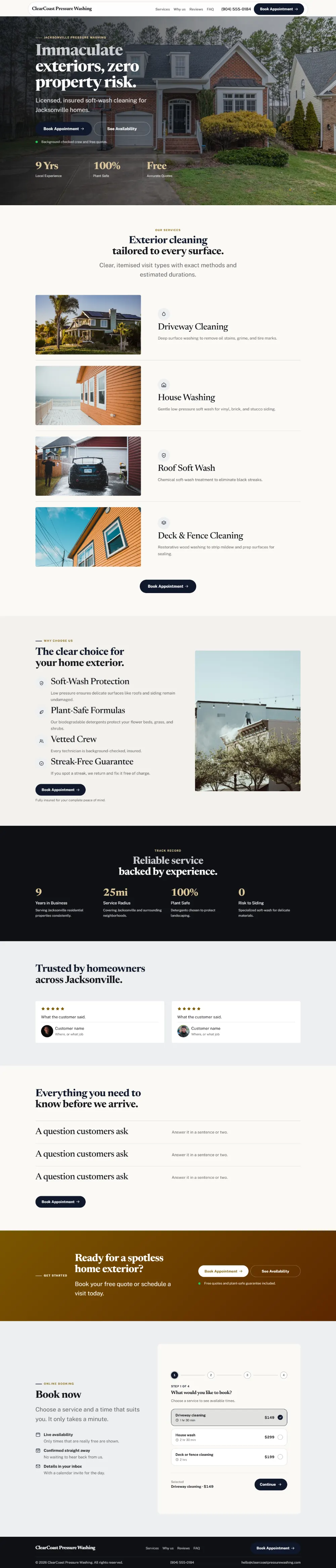 Luxury pressure washing website template, the whole home page: dark and understated, with a serif headline over a full-width photo