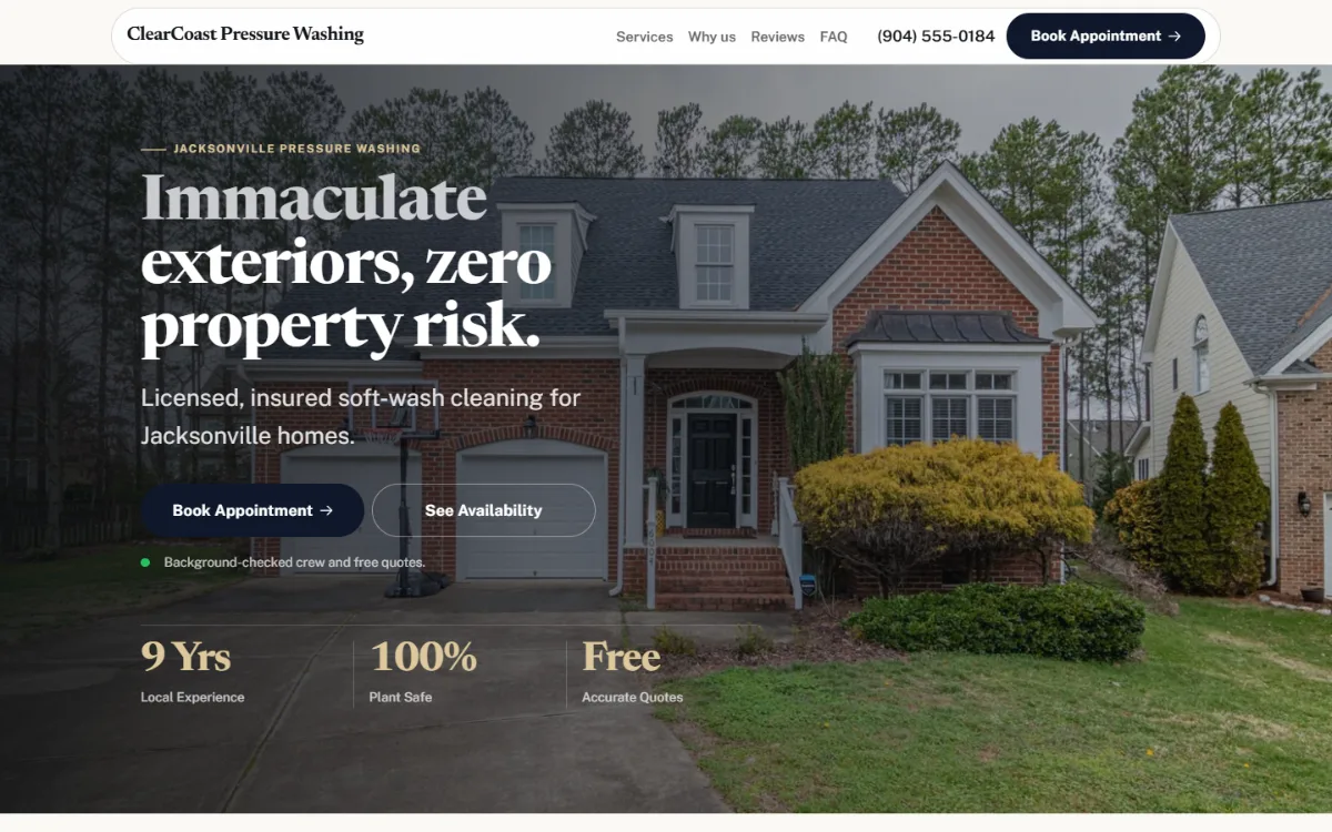 Luxury pressure washing website template: dark and understated, with a serif headline over a full-width photo