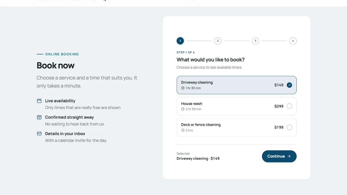 Online booking form on the Professional pressure washing website template: customers choose a service, then a free time