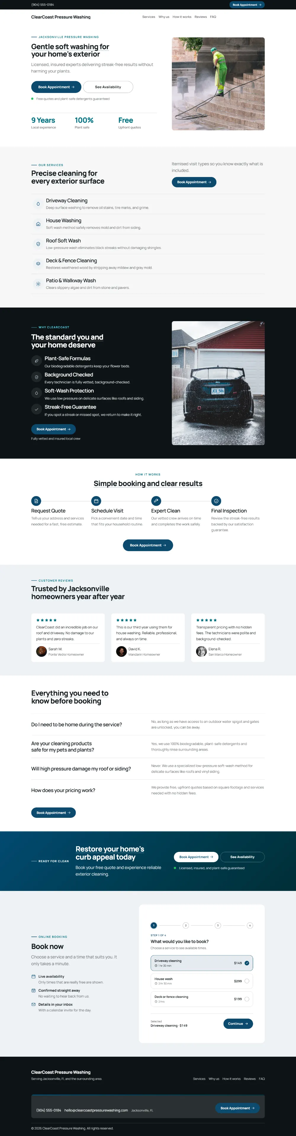 Professional pressure washing website template, the whole home page: clean and structured, with a photo beside the headline