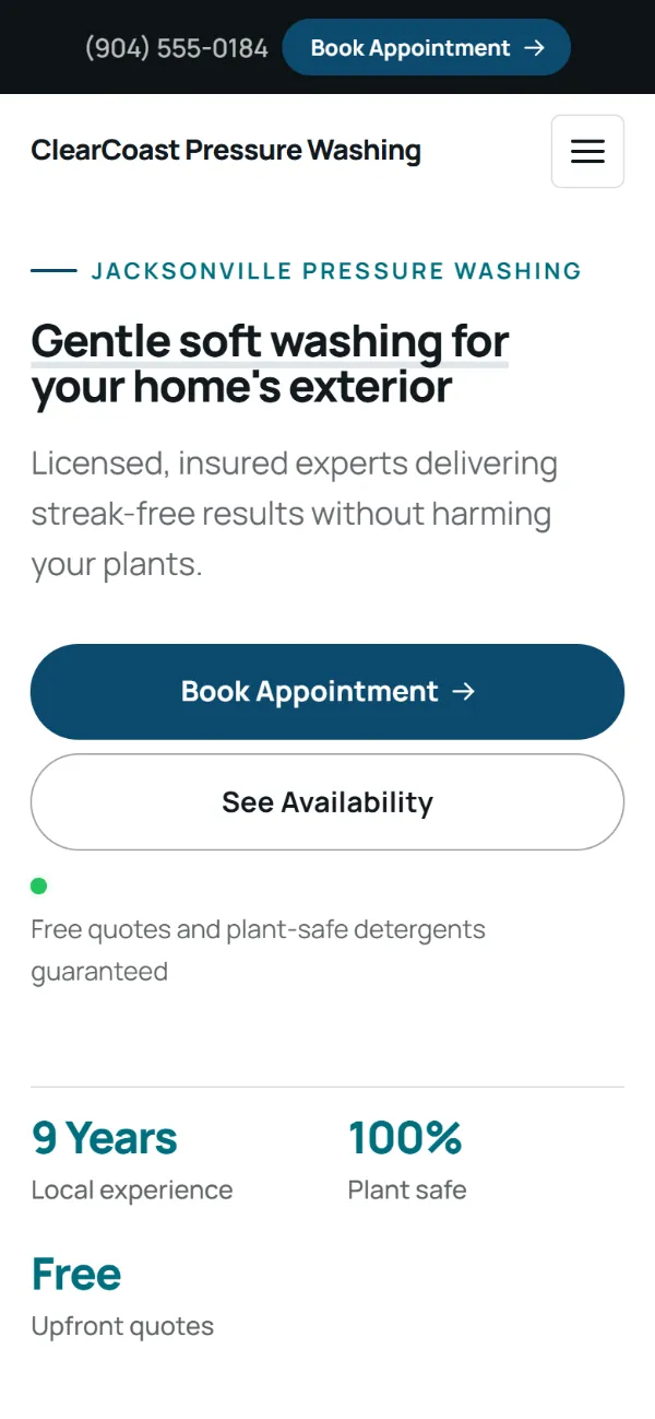 Professional pressure washing website template on a phone: clean and structured, with a photo beside the headline