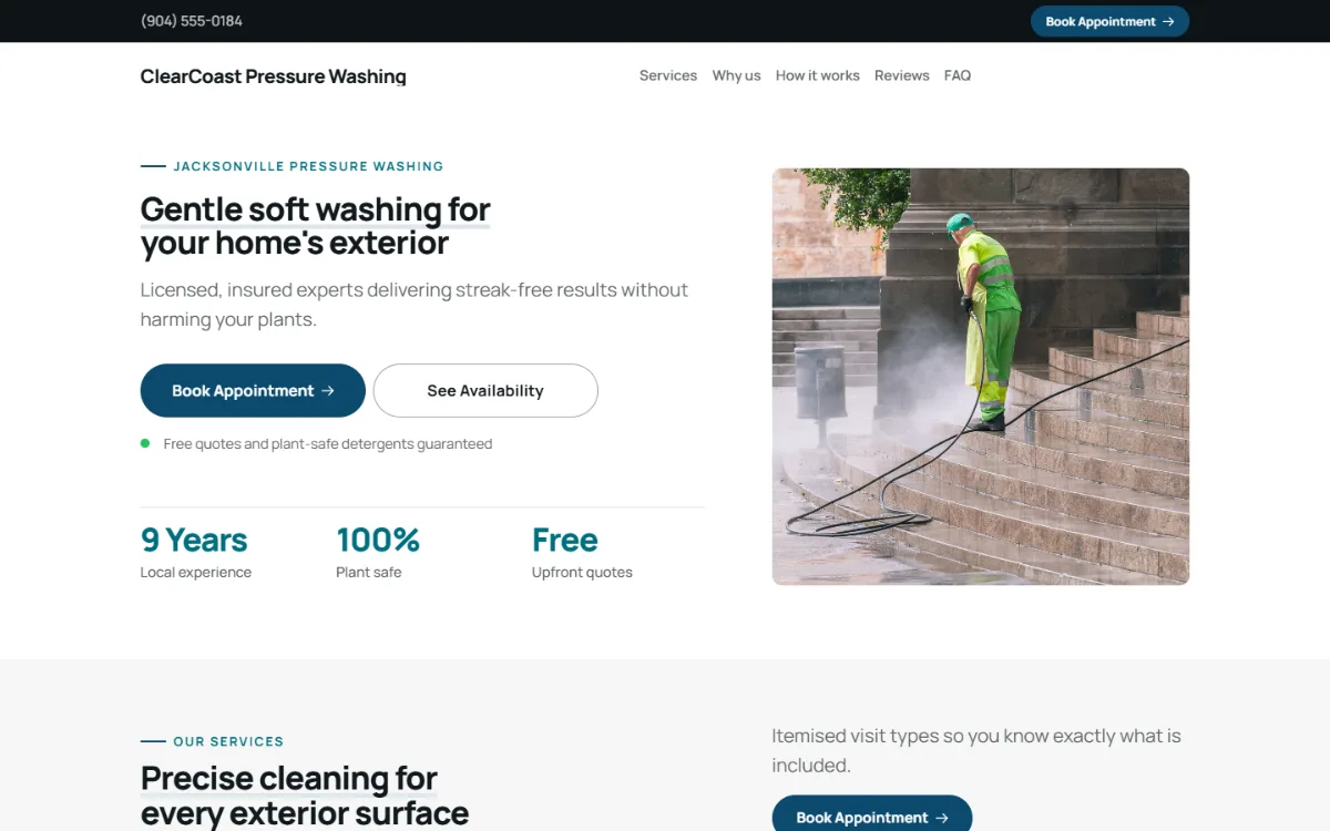 Professional pressure washing website template: clean and structured, with a photo beside the headline