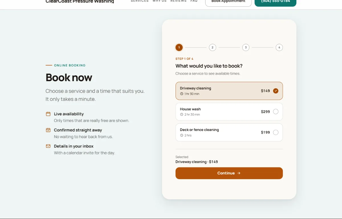 Online booking form on the Warm pressure washing website template: customers choose a service, then a free time