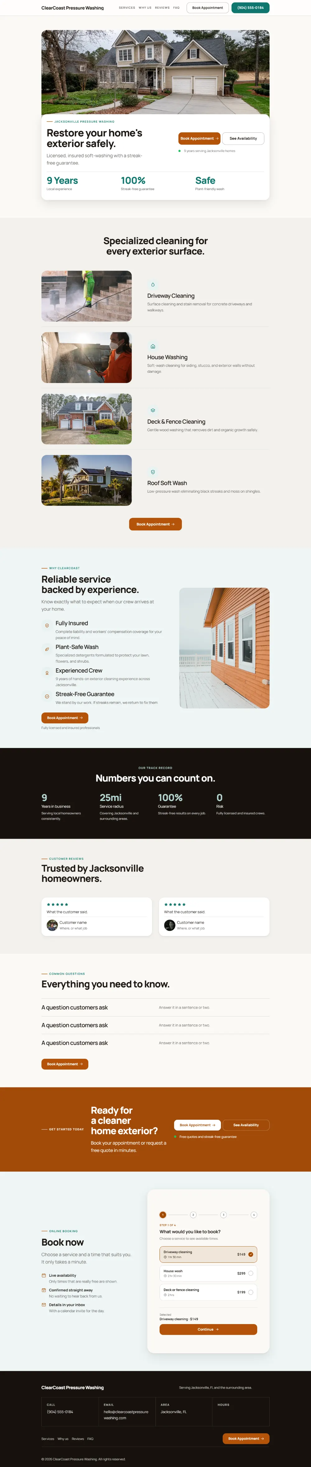 Warm pressure washing website template, the whole home page: soft cards and warm colours under a wide photo