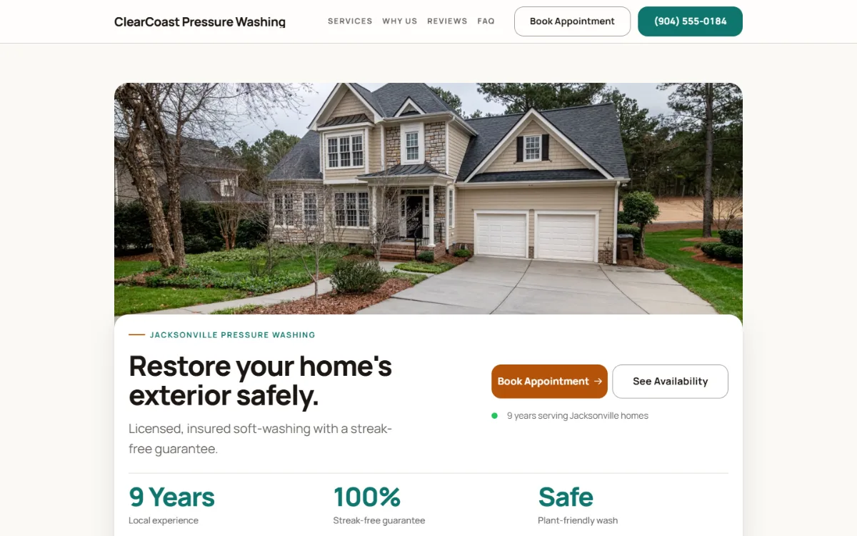 Warm pressure washing website template: soft cards and warm colours under a wide photo