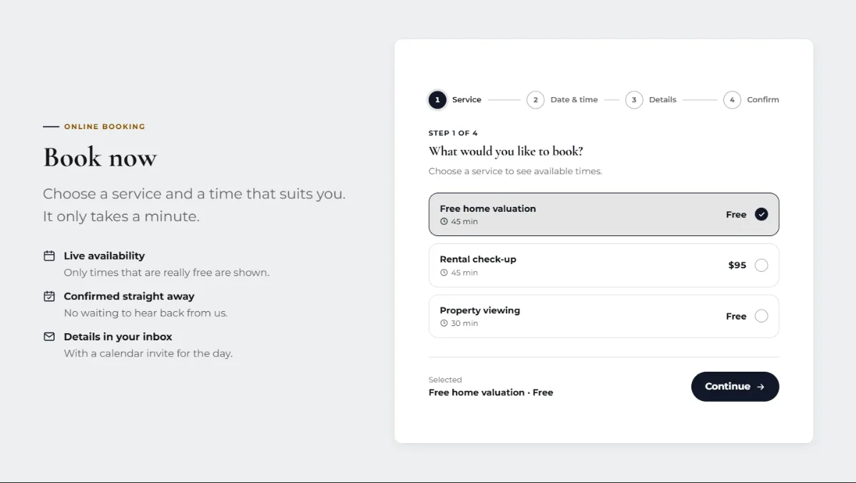 Online booking form on the Bold real estate website template: customers choose a service, then a free time