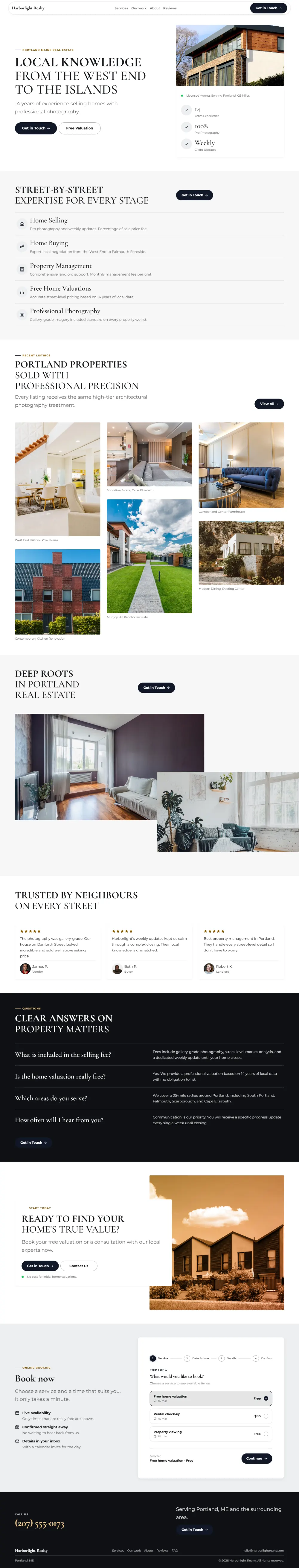 Bold real estate website template, the whole home page: a dark first screen, big capital headlines and one loud accent colour