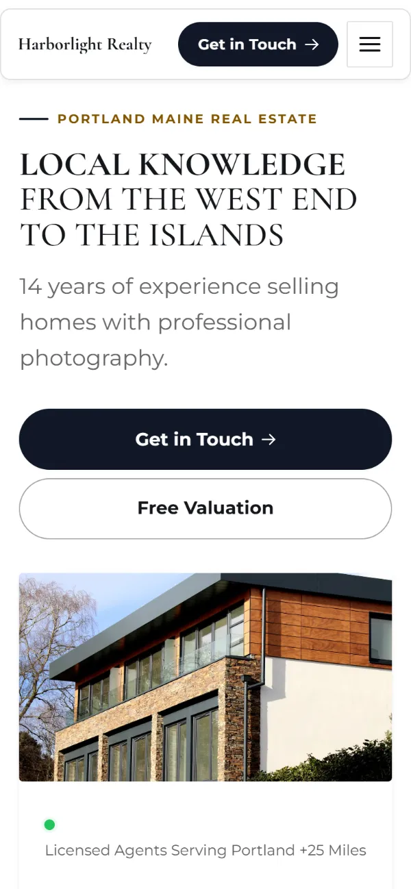 Bold real estate website template on a phone: a dark first screen, big capital headlines and one loud accent colour