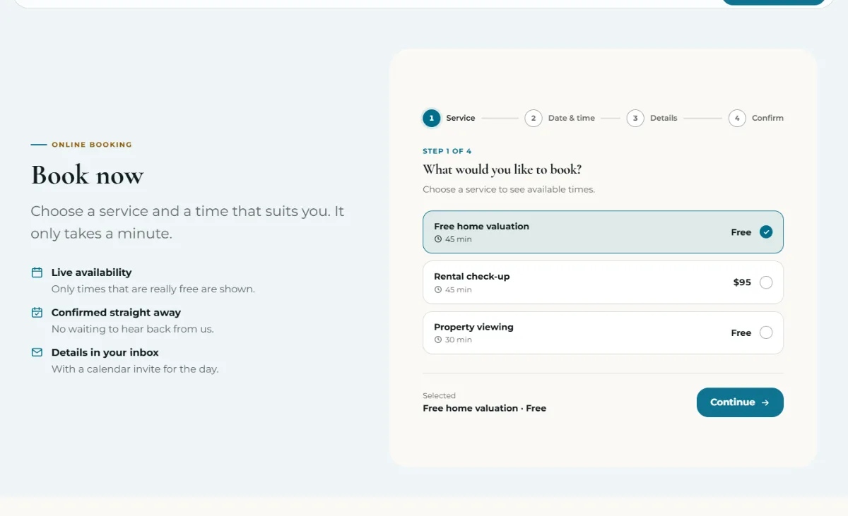 Online booking form on the Bright real estate website template: customers choose a service, then a free time