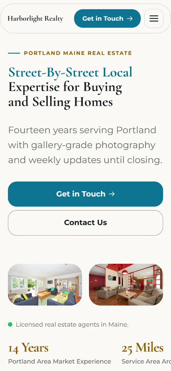 Bright real estate website template on a phone: light and airy, with two photos under the headline
