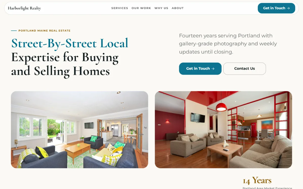 Bright real estate website template: light and airy, with two photos under the headline