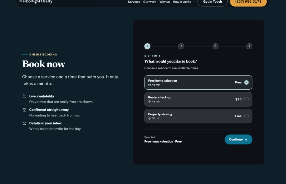 Online booking form on the Dark real estate website template: customers choose a service, then a free time
