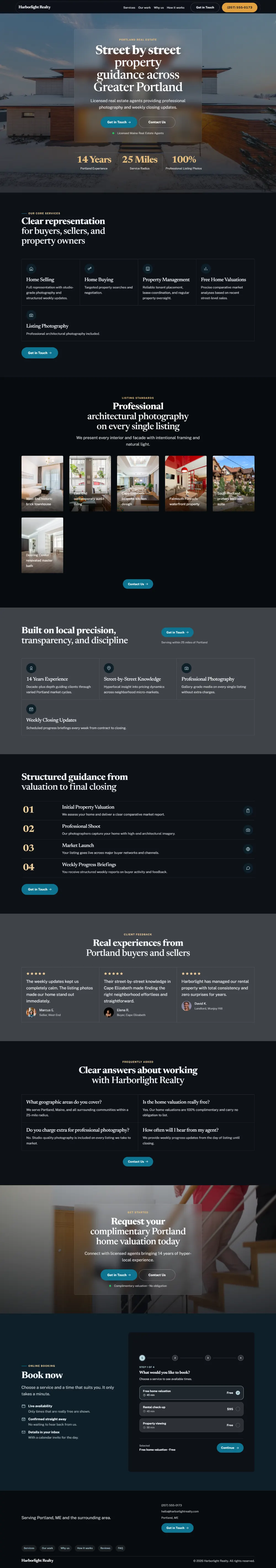 Dark real estate website template, the whole home page: dark mode throughout, with a glass card over the photo