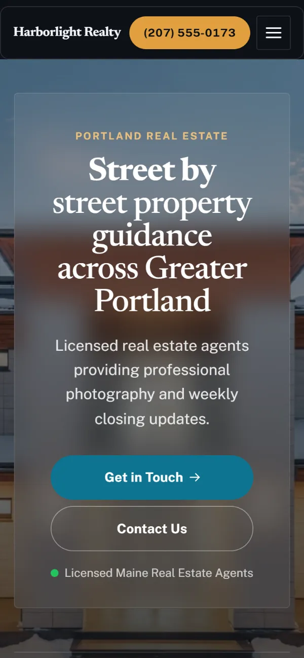 Dark real estate website template on a phone: dark mode throughout, with a glass card over the photo