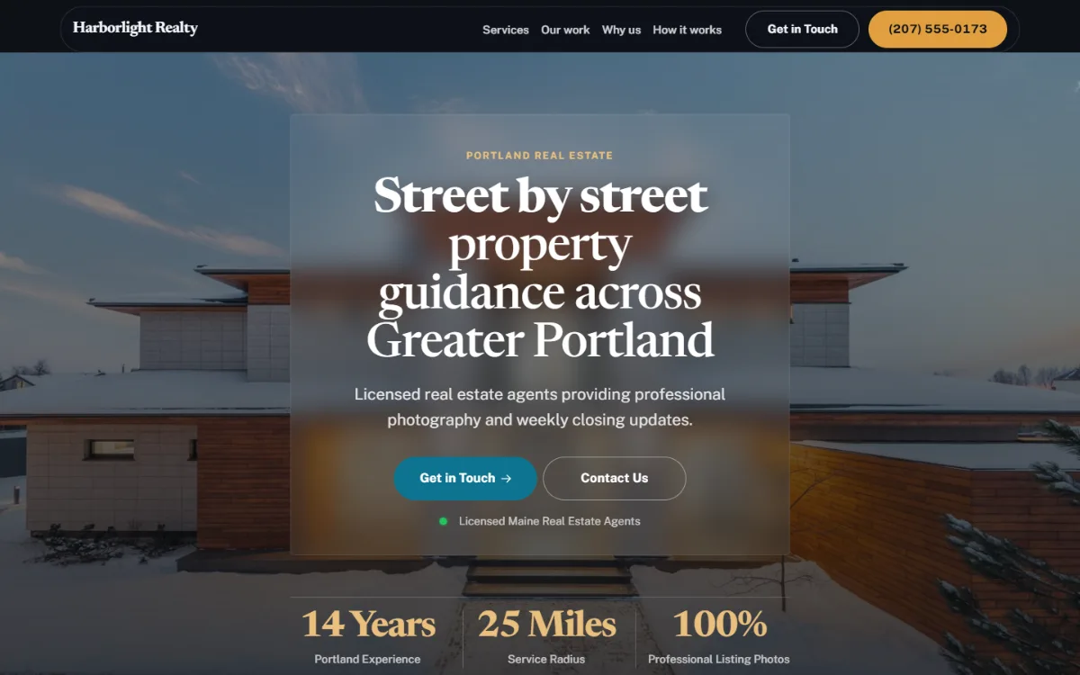 Dark real estate website template: dark mode throughout, with a glass card over the photo