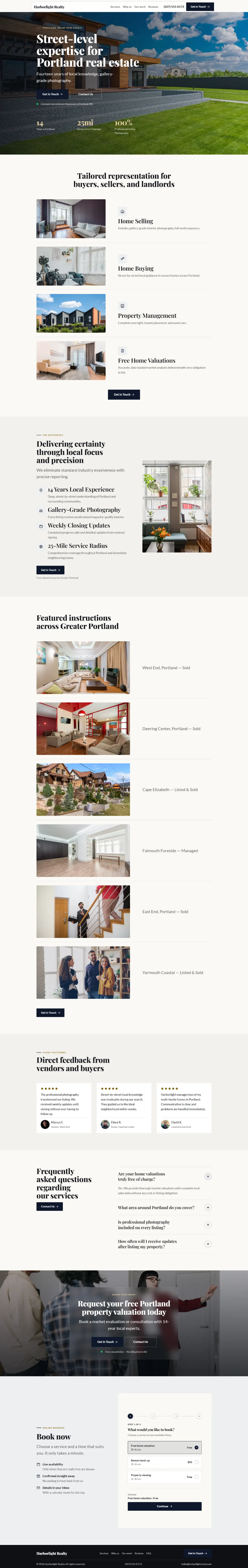 Luxury real estate website template, the whole home page: dark and understated, with a serif headline over a full-width photo