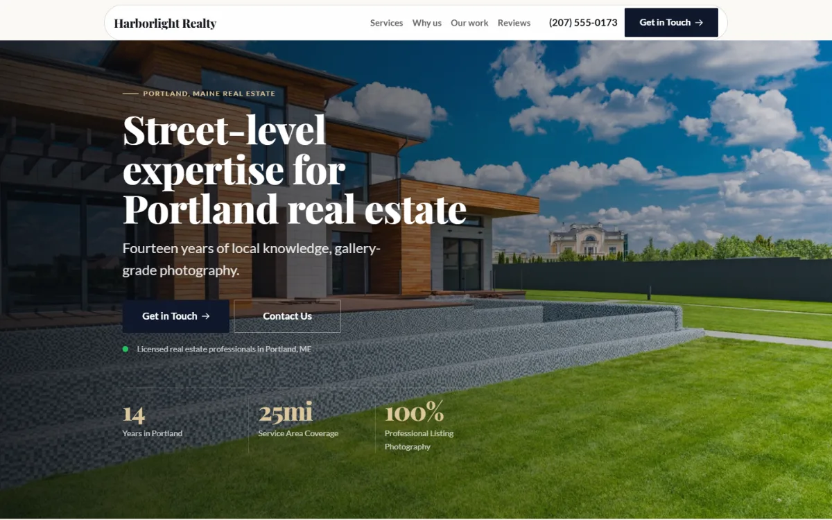 Luxury real estate website template: dark and understated, with a serif headline over a full-width photo