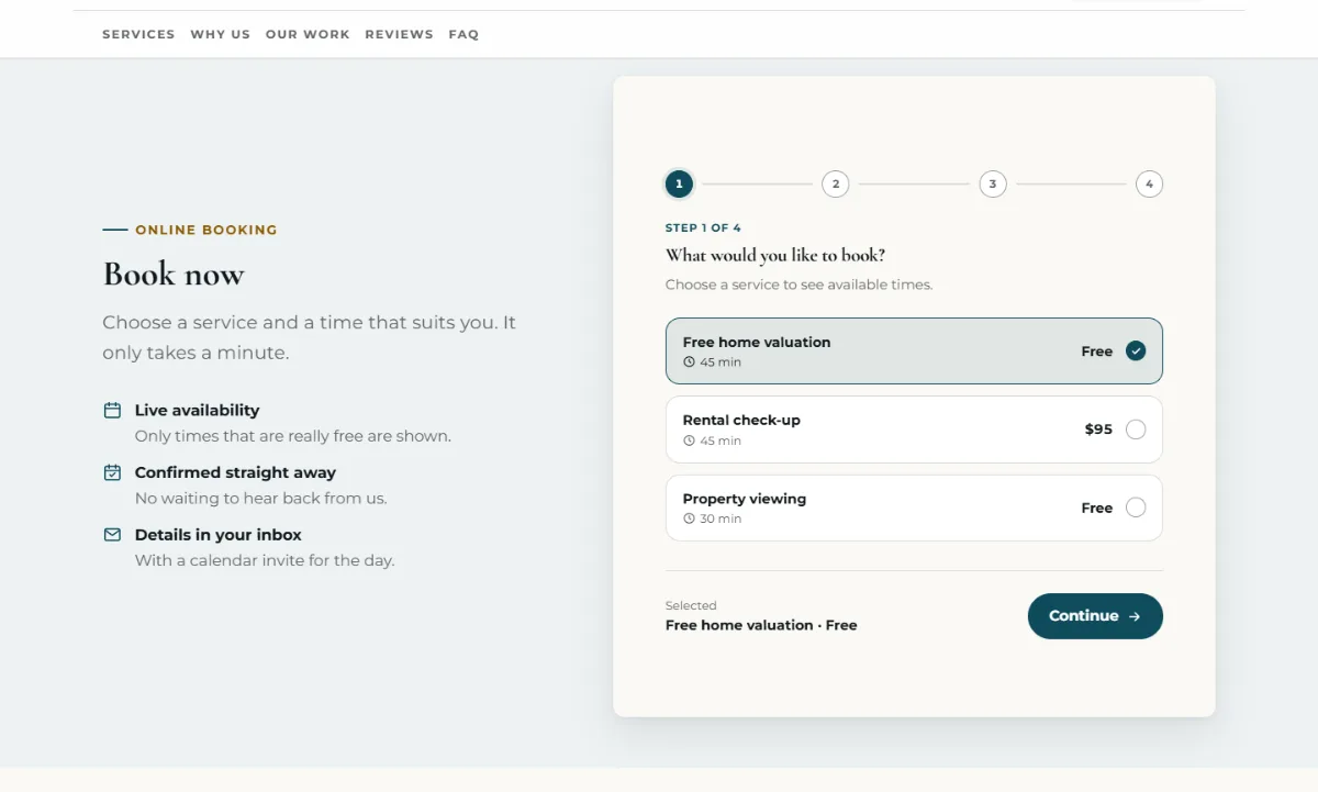 Online booking form on the Professional real estate website template: customers choose a service, then a free time