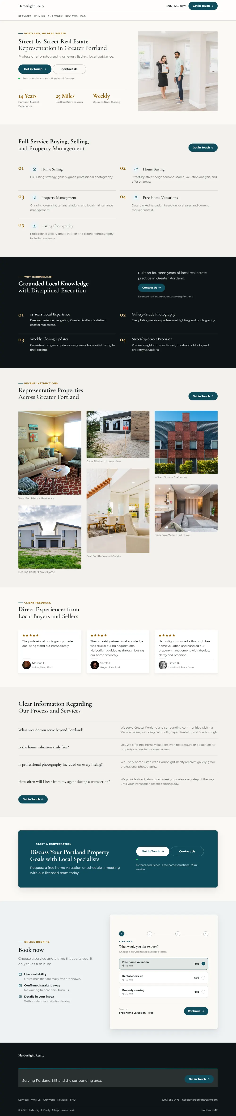 Professional real estate website template, the whole home page: clean and structured, with a photo beside the headline