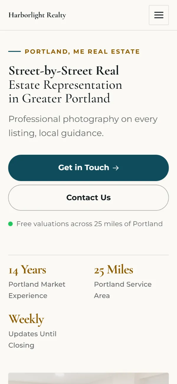 Professional real estate website template on a phone: clean and structured, with a photo beside the headline