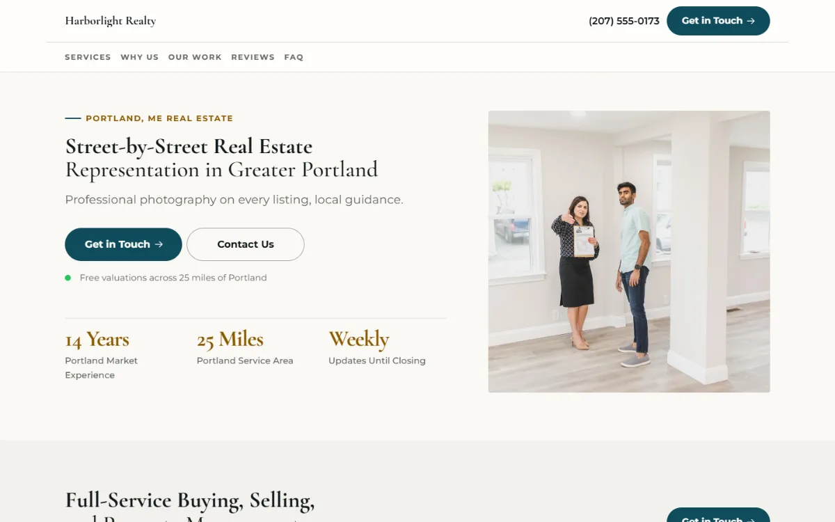 Professional real estate website template: clean and structured, with a photo beside the headline