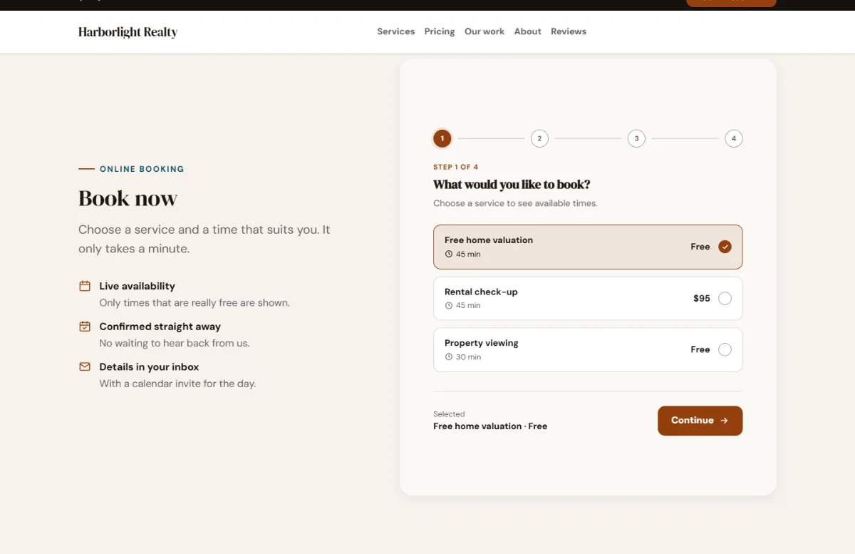 Online booking form on the Warm real estate website template: customers choose a service, then a free time