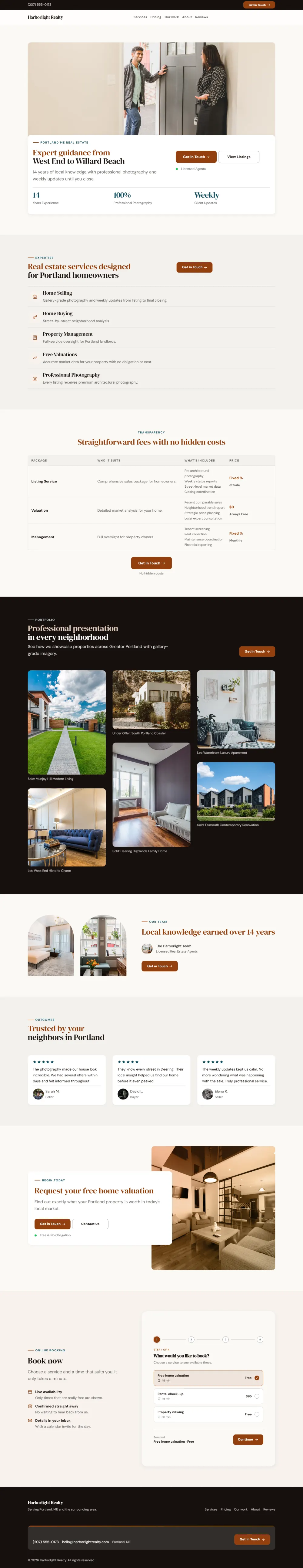 Warm real estate website template, the whole home page: soft cards and warm colours under a wide photo