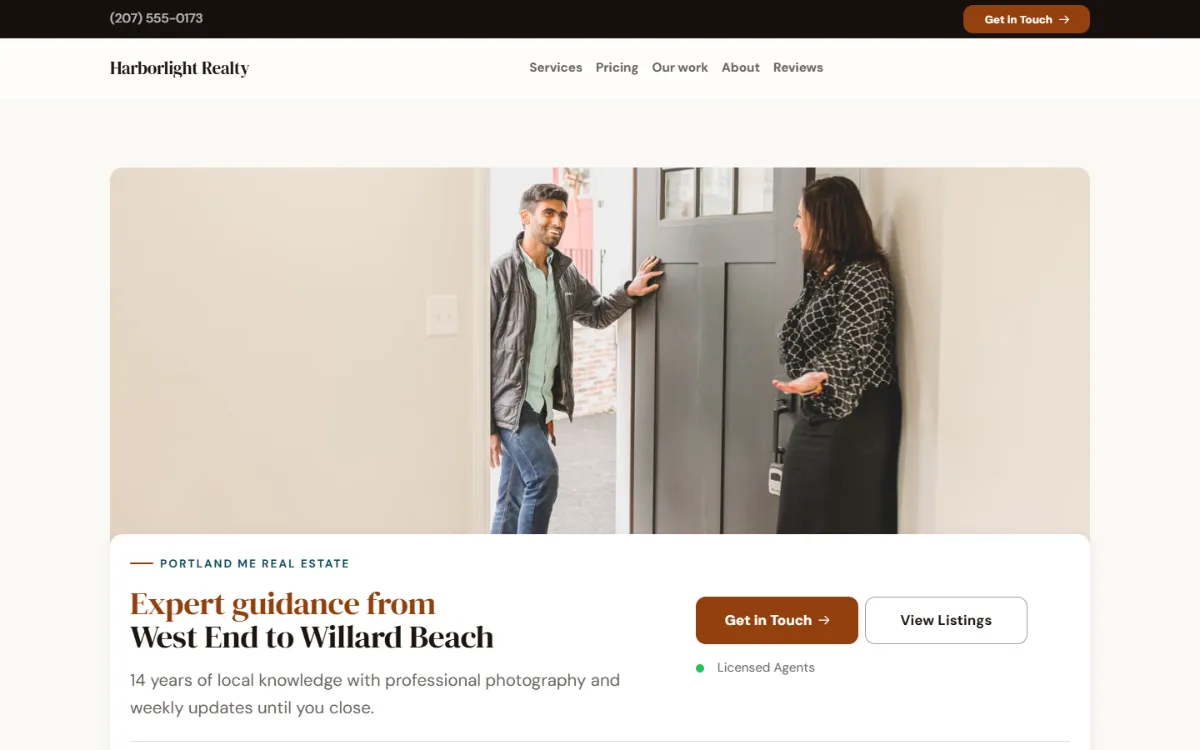 Warm real estate website template: soft cards and warm colours under a wide photo