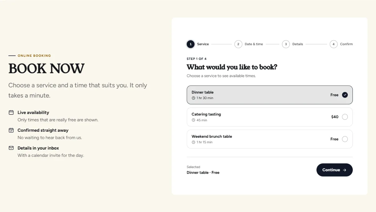 Online booking form on the Bold restaurant website template: customers choose a service, then a free time