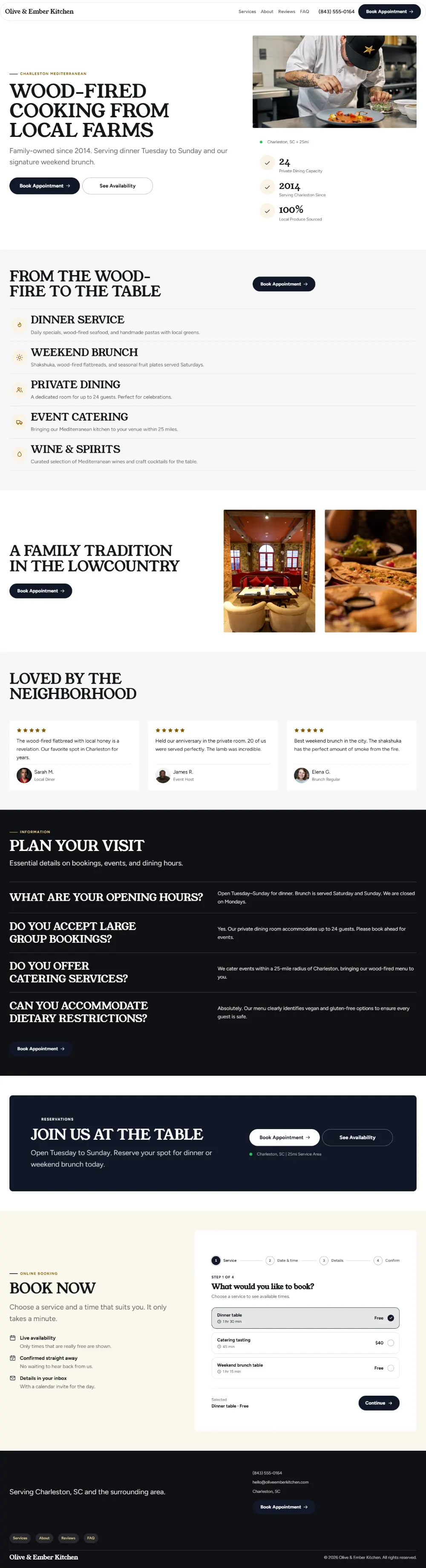 Bold restaurant website template, the whole home page: a dark first screen, big capital headlines and one loud accent colour