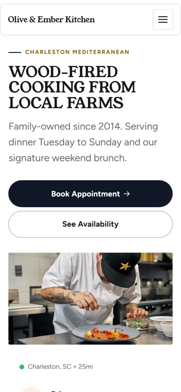 Bold restaurant website template on a phone: a dark first screen, big capital headlines and one loud accent colour