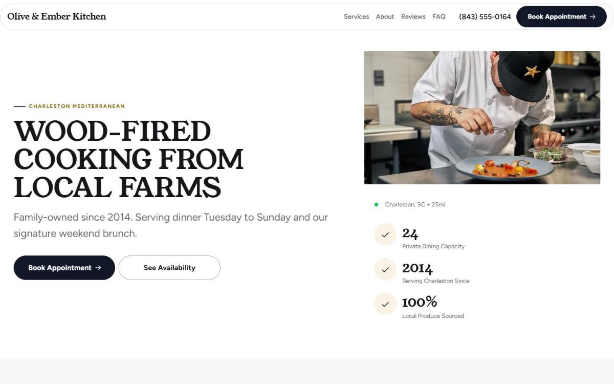 Bold restaurant website template: a dark first screen, big capital headlines and one loud accent colour