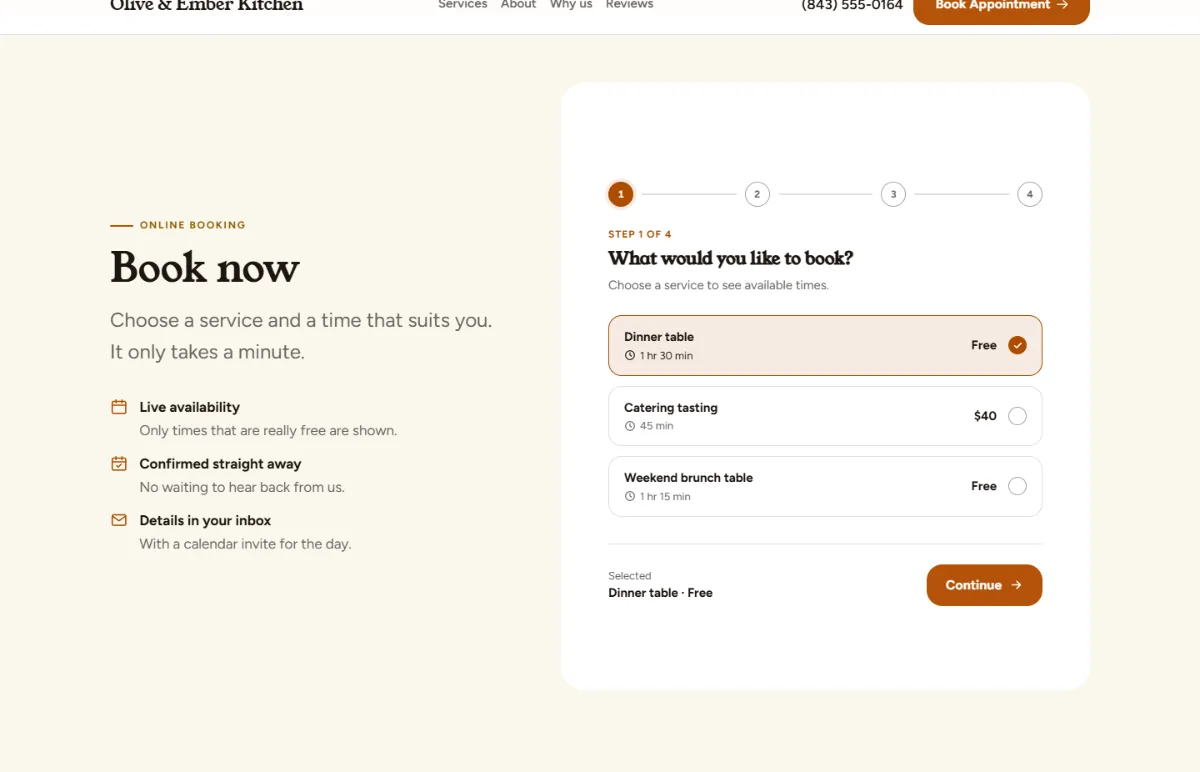 Online booking form on the Bright restaurant website template: customers choose a service, then a free time