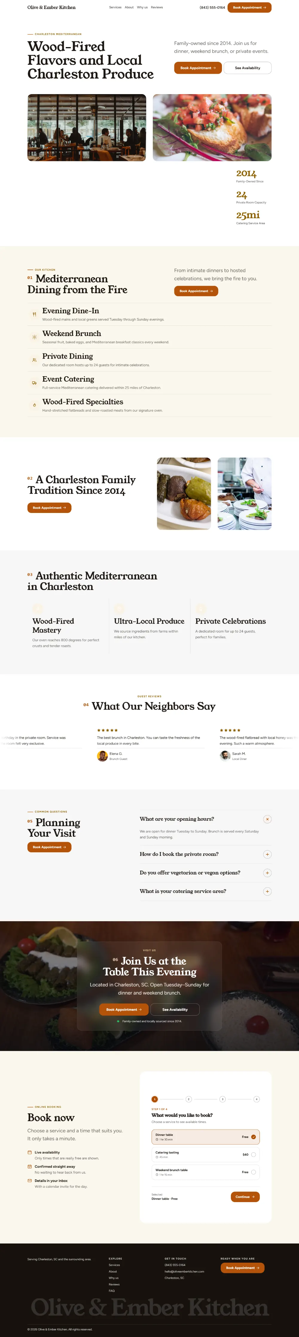 Bright restaurant website template, the whole home page: light and airy, with two photos under the headline