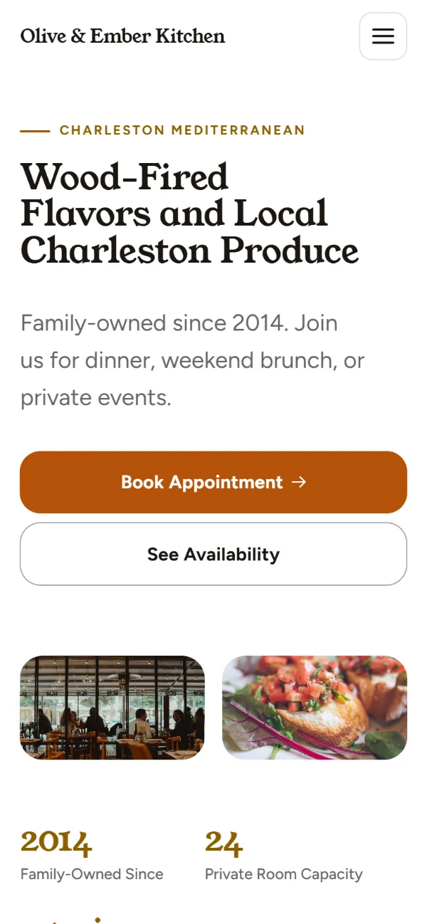 Bright restaurant website template on a phone: light and airy, with two photos under the headline