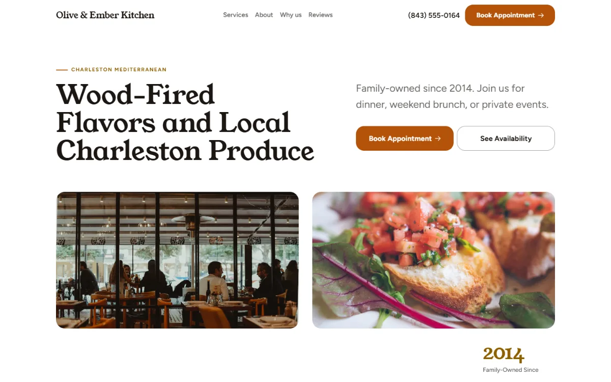 Bright restaurant website template: light and airy, with two photos under the headline