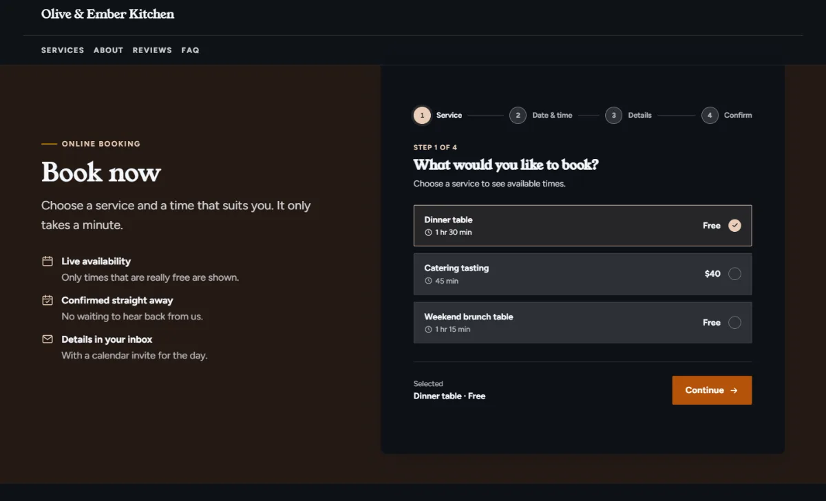 Online booking form on the Dark restaurant website template: customers choose a service, then a free time