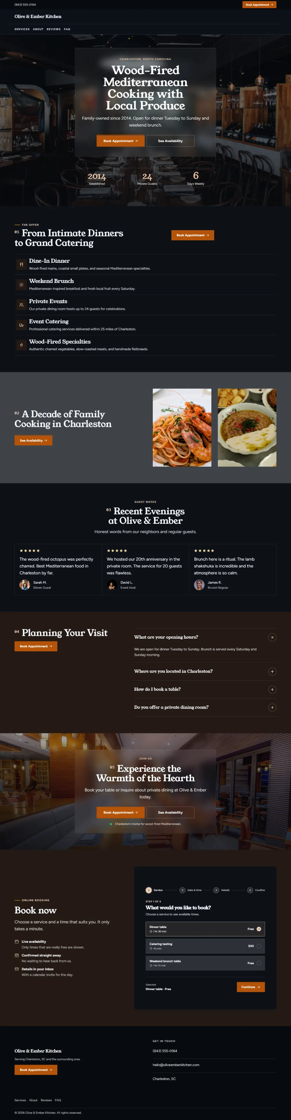 Dark restaurant website template, the whole home page: dark mode throughout, with a glass card over the photo