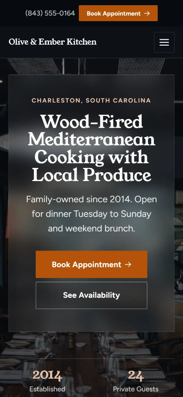 Dark restaurant website template on a phone: dark mode throughout, with a glass card over the photo
